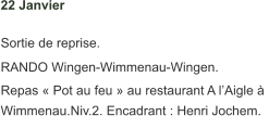 22 Janvier   Sortie de reprise. RANDO Wingen-Wimmenau-Wingen.  Repas « Pot au feu » au restaurant A l’Aigle à  Wimmenau.Niv.2. Encadrant : Henri Jochem.